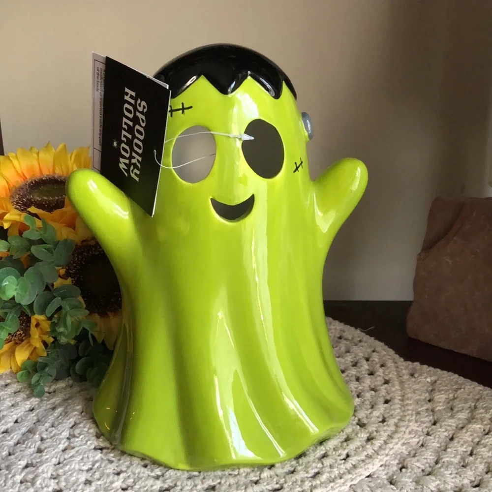 Green Ceramic Halloween Frankenstein Decoration - LED Lighted Decor
